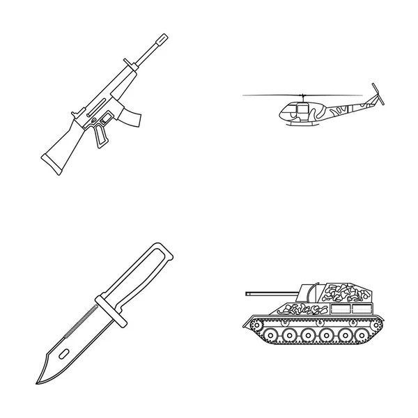 M16 のライフル、ヘリコプター、戦車、コンバット ナイフを攻撃します。軍と軍アウトライン スタイルのベクトル シンボル ストック イラスト web でコレクションのアイコンを設定. — ストックベクタ