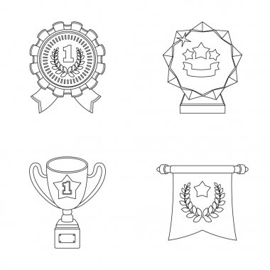 Bir Olimpiyat madalya ilk yer, bir kristal top, gold Kupası bir stand, kırmızı bir kolye için. Ödülleri ve kupa toplama simgeler anahat stili vektör simge stok çizim web ayarla.
