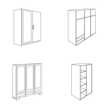 İle mezzanines ile raf ayna, dolap, dolap. Yatak Odası Mobilya toplama simgeler anahat stili vektör simge stok çizim web içinde ayarla..
