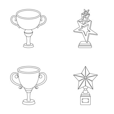 Gümüş Kupası ikincilik için stand, bir yıldız, bir gold Kupası ile bir fincan altın yıldız. Ödülleri ve kupa toplama simgeler anahat stili vektör simge stok çizim web ayarla.