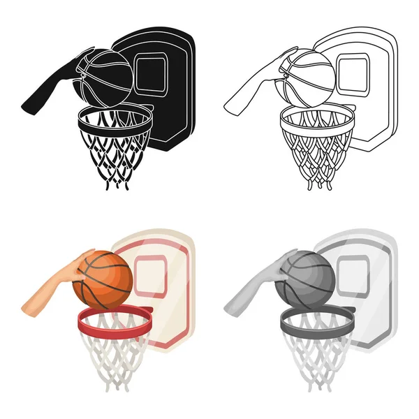 Mano con una pelota cerca de la cesta.Baloncesto icono único en el estilo de dibujos animados vector símbolo stock ilustración web . — Archivo Imágenes Vectoriales