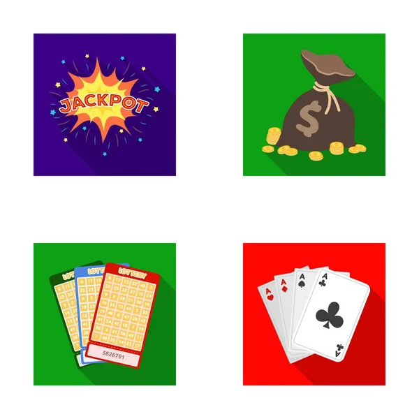 Sudor Jack, una bolsa con dinero ganado, cartas para jugar Bingo, jugar a las cartas. Casino y juegos de azar conjunto de iconos de colección en el estilo plano vector símbolo stock ilustración web . — Vector de stock