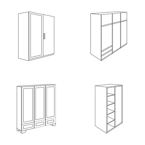 Wardrobe with mirror, wardrobe, shelving with mezzanines. Bedroom furniture set collection icons in outline style vector symbol stock illustration web. — Stock Vector