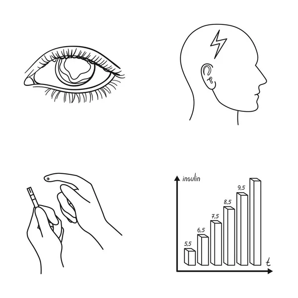 Sehschwäche, Kopfschmerzen, Glukosetest, Insulinabhängigkeit. diabetiker set sammlung symbole im umriss stil vektor symbol stock illustration web. — Stockvektor