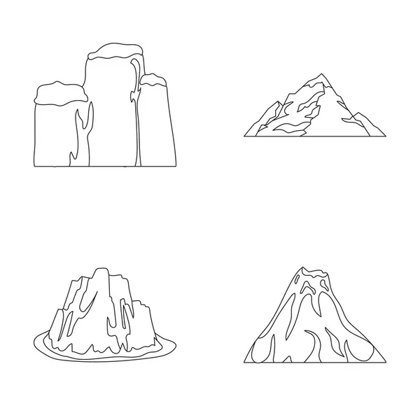 Tvärbranta klippor, ett vulkanutbrott, ett berg med en strand, en glaciär. Olika bergen som samling ikoner i disposition stil vektor symbol stock illustration web. — Stock vektor
