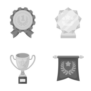 Bir Olimpiyat madalya ilk yer, bir kristal top, gold Kupası bir stand, kırmızı bir kolye için. Ödülleri ve kupa toplama simgeler tek renkli stil vektör simge stok çizim web ayarla.