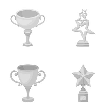 Gümüş Kupası ikincilik için stand, bir yıldız, bir gold Kupası ile bir fincan altın yıldız. Ödülleri ve kupa toplama simgeler tek renkli stil vektör simge stok çizim web ayarla.