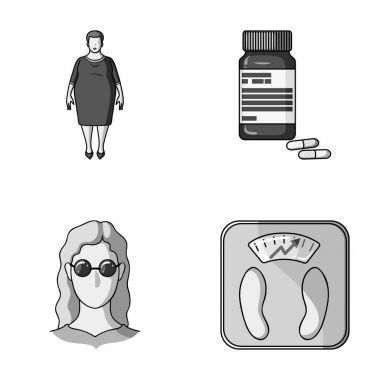 Tam kadın, gözlüklü bir kız, bir Terazi ile mükemmel sonuç. Diabeth toplama simgeler tek renkli stil vektör simge stok çizim web içinde ayarla..