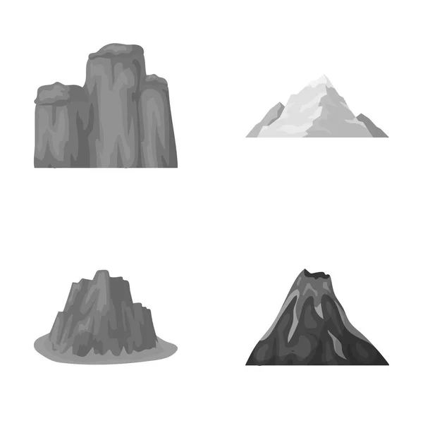 Tvärbranta klippor, ett vulkanutbrott, ett berg med en strand, en glaciär. Olika bergen som samling ikoner i svartvit stil vektor symbol stock illustration web. — Stock vektor