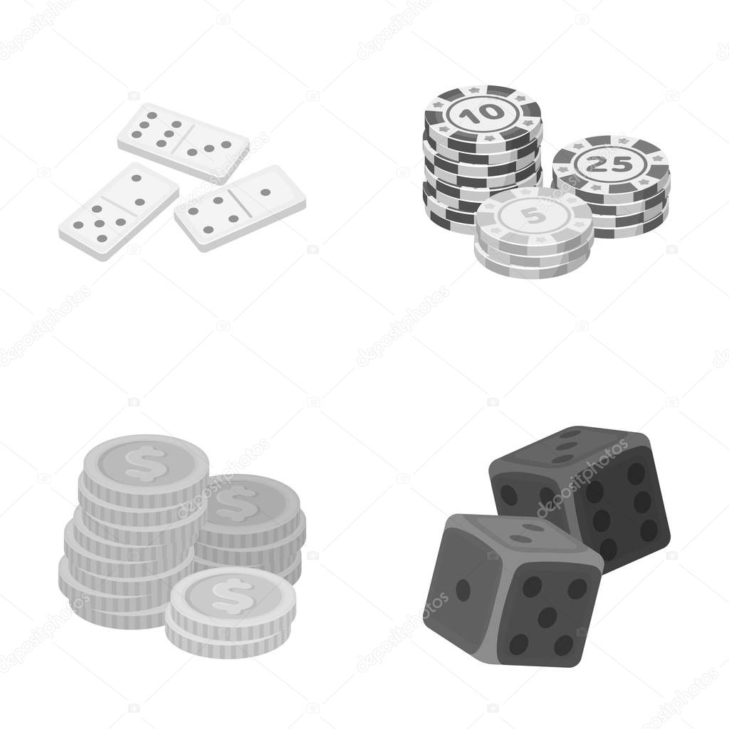 Domino bones, stack of chips, a pile of mont, playing blocks. Casino and gambling set collection icons in monochrome style vector symbol stock illustration .