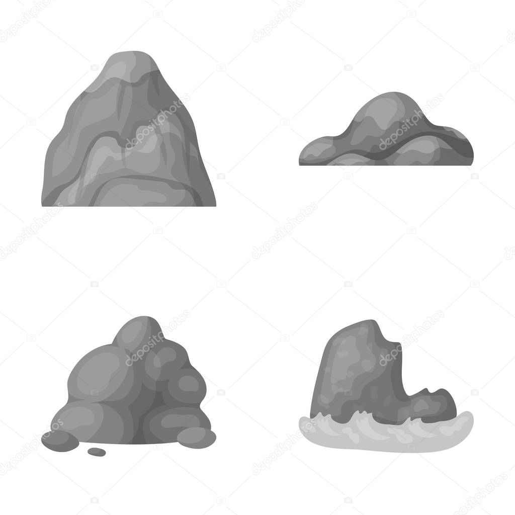 Boulders, a rounded mountain, rocks in the sea. Different mountains set collection icons in monochrome style vector symbol stock illustration web.