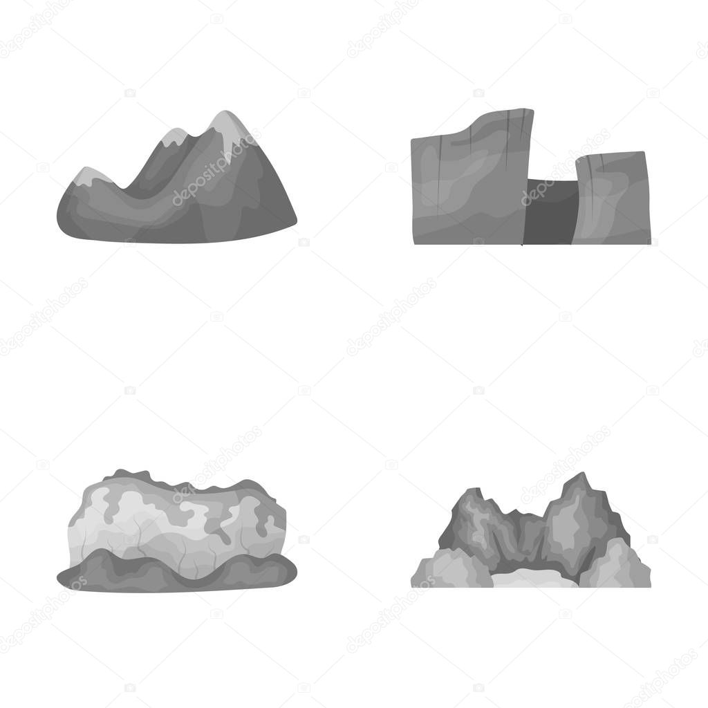 Green mountains with snow tops, a canyon, rocks with forests, a lagoon and rocks. Different mountains set collection icons in monochrome style vector symbol stock illustration .