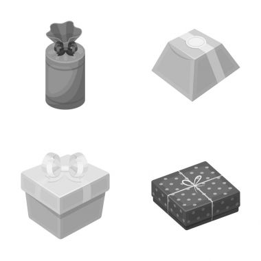 Fiyonklu hediye paketi hediye kutusu. Hediyeler ve sertifikaları tek renkli stil vektör simge stok çizim web simgeler ayarla.