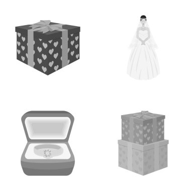 Bir düğün, bir gelin duvak ve bir elbise, bir halka bir elmas nişan yüzüğü bir elmas, hediye kutuları için bir hediye ile bir kutu. Düğün toplama simgeler tek renkli stil vektör simge ayarla.