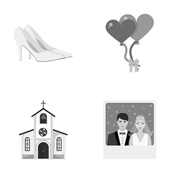 Elegantes zapatos de boda con tacones, globos para la ceremonia, una iglesia con vitrales y una campana, una imagen de la novia y el novio. Iconos de colección conjunto de boda en el estilo monocromo vector — Archivo Imágenes Vectoriales