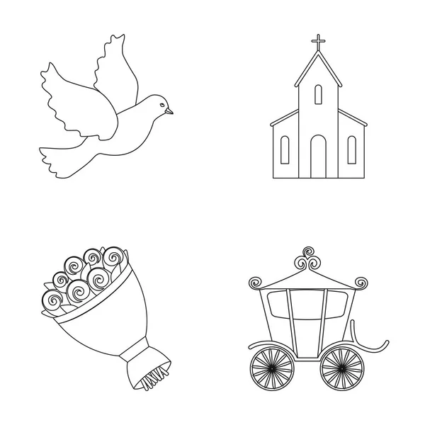 Pombo, igreja, buquê de casamento, carruagem. Ícones de coleção de conjunto de casamento em estilo esboço símbolo vetorial ilustração web . — Vetor de Stock
