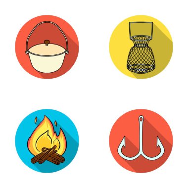 Catch, kanca, kafes, pudra. Balık tutma toplama simgeler düz stil vektör simge stok çizim web içinde ayarla..