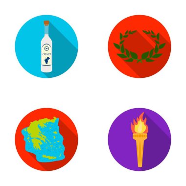 Yunanistan, ülke, gelenek, dönüm noktası. Yunanistan toplama simgeler düz stil vektör simge stok çizim web içinde ayarla..