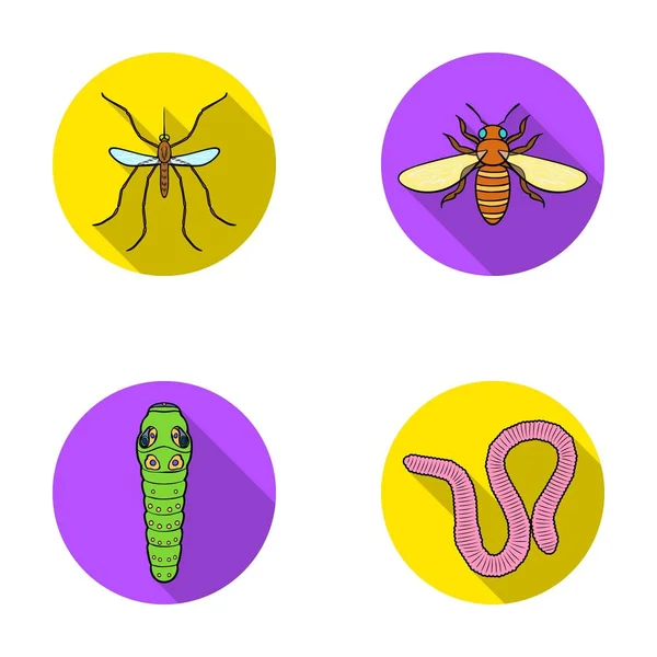 Solucan, kırkayak, arı, arı, hornet. Böcekler toplama simgeler düz stil vektör simge stok çizim web içinde ayarla.. — Stok Vektör