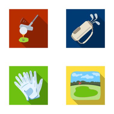 Bir golf kulübü, sopa, eldiven, bir golf sahası ile çanta topla. Golf club toplama simgeler düz stil vektör simge stok çizim web içinde ayarla..