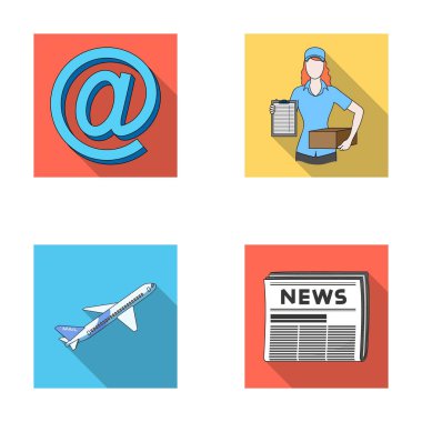 E-posta simgesi, kurye ile parsel, posta uçak, Gazeteler sürüsü. Posta ve postacı toplama simgeler düz stil vektör simge stok çizim web ayarla.