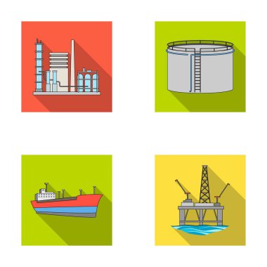 Petrol rafinerisi, tank, tanker, kule. Yağ toplama simgeler düz stil vektör simge stok çizim web içinde ayarla..
