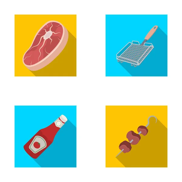 Filete de carne cruda, parrilla con mango, botella de ketchup, shish kebab.BBQ conjunto de iconos de la colección en el estilo plano vector símbolo stock illustration web . — Vector de stock