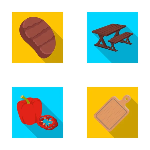 Filete frito, mesa con un banco para la relajación, pimiento dulce, tabla de corte.BBQ conjunto colección iconos en estilo plano vector símbolo stock ilustración web  . — Vector de stock