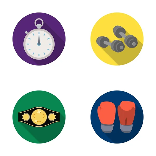 Boxen, Sport, Stoppuhr, Uhr Box Set Sammlung Symbole im flachen Stil Vektor Symbol Stock Illustration Web. — Stockvektor