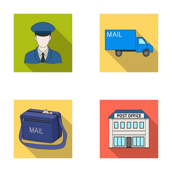 Der Postbote in Uniform, Postmaschine, Brieftasche, Post office.mail und Postbote setzen Sammlungssymbole im flachen Stil Vektor Symbol Stock Illustration Web. — Stockvektor
