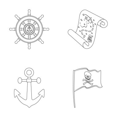 Korsan, haydut, dümen, bayrak. Korsanlar toplama simgeler anahat stili vektör simge stok çizim web içinde ayarla..