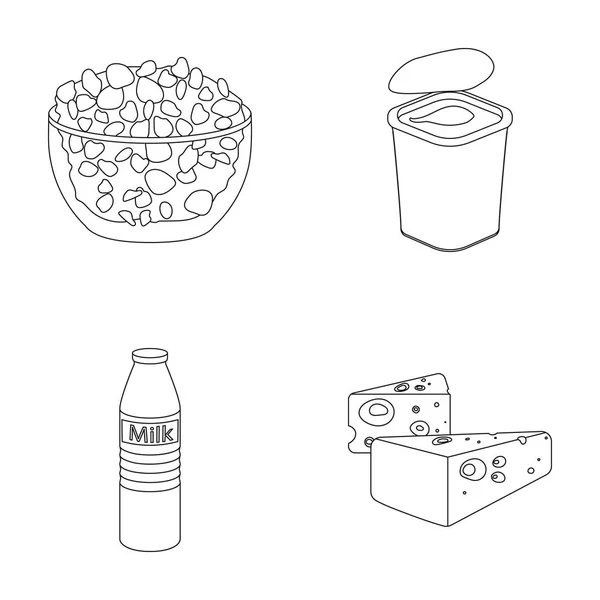 Γάλα, ασβέστιο, προϊόν, φαγητό. Προϊόν του γάλακτος και γλυκό που συλλογή εικονιδίων στο περίγραμμα στυλ διάνυσμα σύμβολο μετοχής εικονογράφηση web. — Διανυσματικό Αρχείο