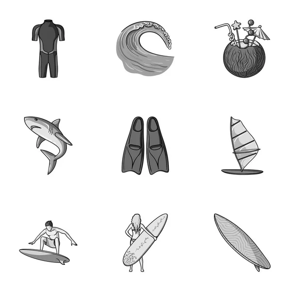 Una colección de imágenes sobre el tema de la playa, el mar, el surf. Rescatadores de la playa.Icono de surf en la colección de conjuntos en el estilo monocromo símbolo vectorial stock illustration . — Vector de stock