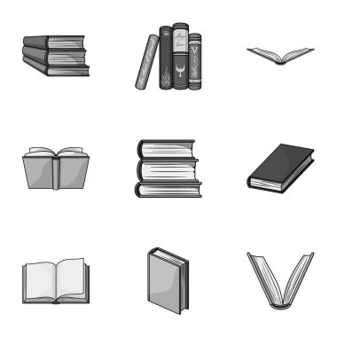 Bir dizi fotoğraf kitap ile. Kitap, defter, çalışmalar. Tek renkli stil vektör simge stok çizim üzerinde küme koleksiyon kitap simgesini.