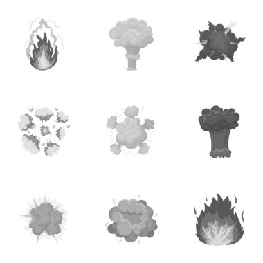 Simgeleri patlama hakkında bir dizi. Çeşitli patlamalar, duman ve ateş bulutu. Tek renkli stil vektör simge stok çizim üzerinde küme koleksiyon simgesinde patlamalar.