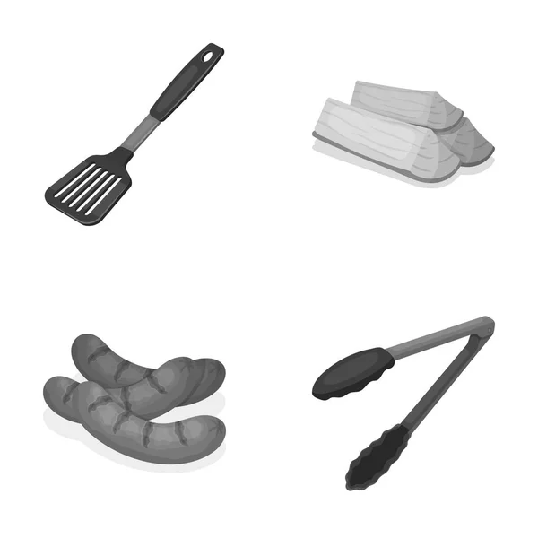 Kuchyňské nože, palivové dříví, klobásy a další pro grilování. Grilovací sada kolekce ikon v monochromatickém stylu vektor symbol akcií ilustrace web. — Stockový vektor