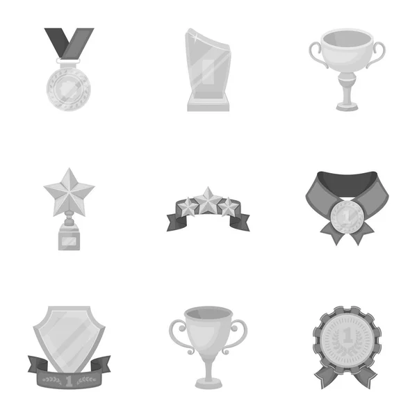 Premios, medallas de oro y copas como premios en concursos y competiciones. Premios y trofeos icono en colección conjunto en el estilo monocromo vector símbolo stock ilustración . — Vector de stock