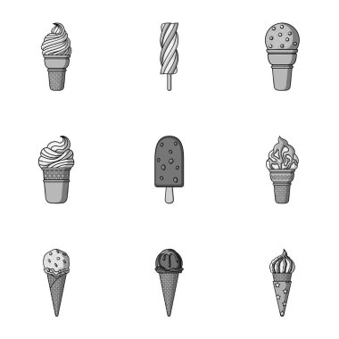 Yaz tatlılar dondurma. Buz, meyve, süt. Buz creamicon tek renkli stil vektör simge stok çizim üzerinde set koleksiyonu.