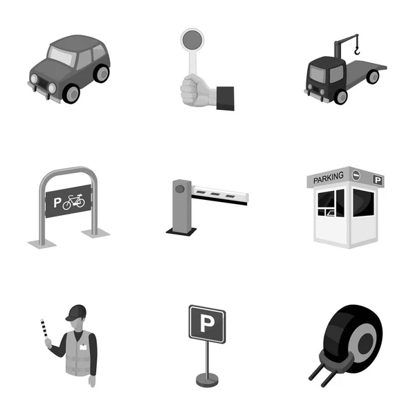 Набор икон для парковки автомобилей и велосипедов. Штрафы и элементы парковки.Значок парковочной зоны в наборе коллекции на рисунке векторного символа монохромного стиля . — стоковый вектор