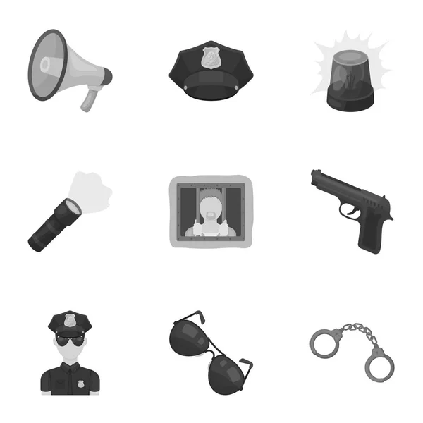 Berendezések, a rendőrség, a foglyok, a polgárok védelme a rendőrség. Rendőrség icon set gyűjtemény, a fekete-fehér stílus vektor szimbólum stock illusztráció. — Stock Vector