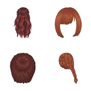Kara, kırmızı örgü ve diğer türleri saç. Arka saç toplama simgeler karikatür tarzı vektör simge stok çizim web içinde ayarla..