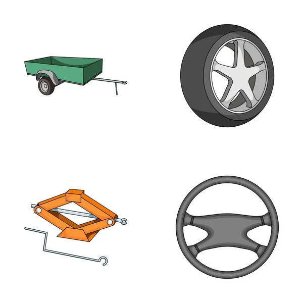 Caravane, roue avec couvercle de pneu, cric mécanique, volant, voiture jeu d'icônes de la collection dans le style dessin animé vectoriel symbole illustration web . — Image vectorielle