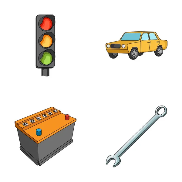 Feu de circulation, vieille voiture, batterie, clé, jeu de voiture icônes de collection dans le style dessin animé symbole vectoriel illustration web . — Image vectorielle