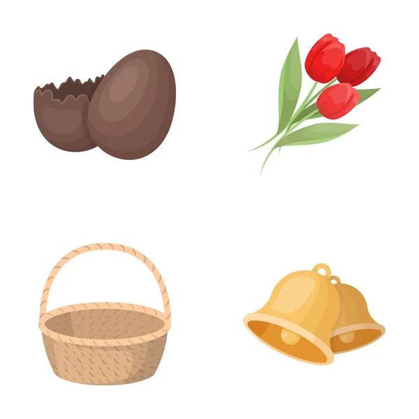 Huevo de chocolate, campanas, cesta y flores.Iconos de colección conjunto de Pascua en el estilo de dibujos animados vector símbolo stock illustration web . — Vector de stock
