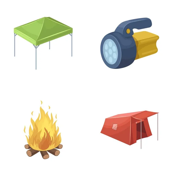 Toldo, fuego y otros equipment.Tent turístico conjunto de iconos de la colección en el estilo de dibujos animados vector símbolo stock ilustración web . — Archivo Imágenes Vectoriales