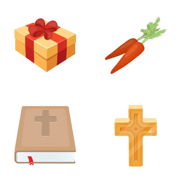 Cruz, bíblia, presente e cenoura. conjunto de Páscoa ícones de coleção em desenho animado estilo vetor símbolo estoque ilustração web . — Vetor de Stock