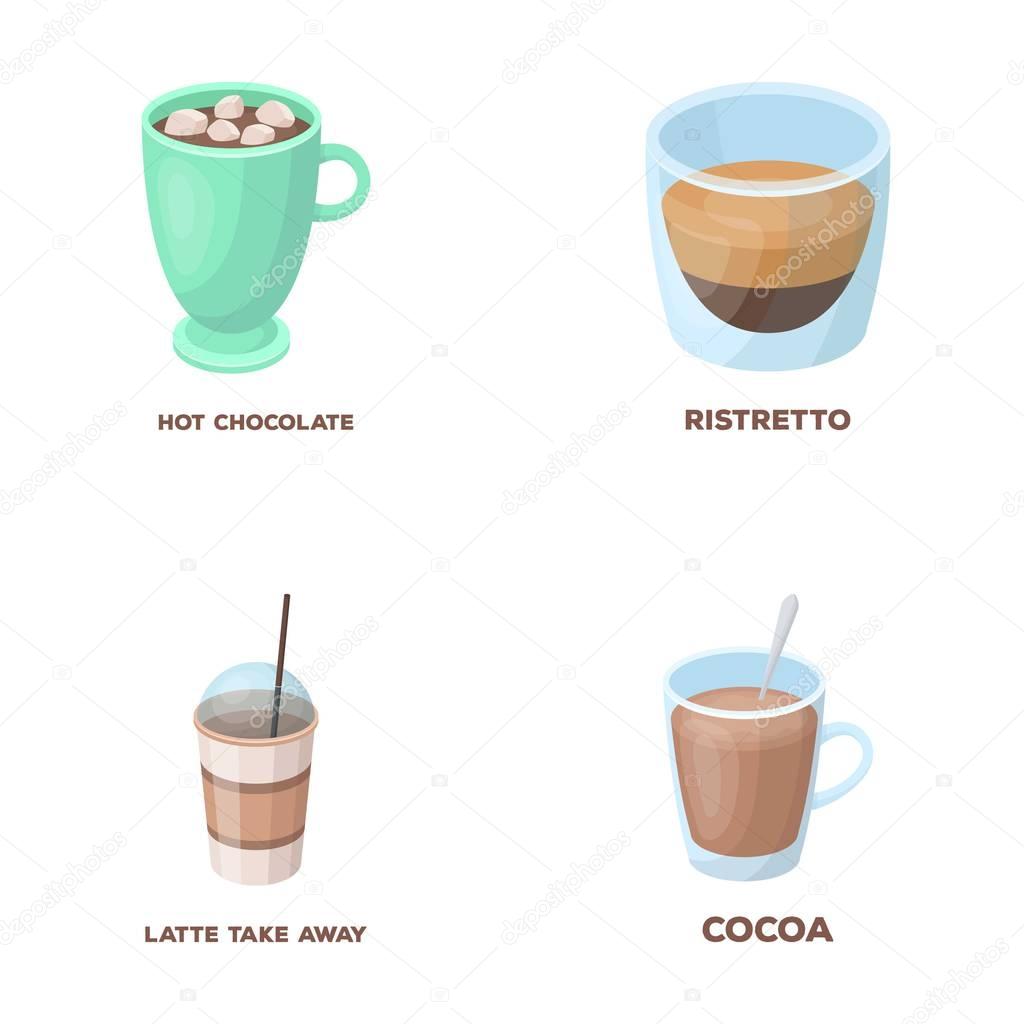 Ristretto, hot chocolate, latte take-away.Different types of coffee set collection icons in cartoon style vector symbol stock illustration web.