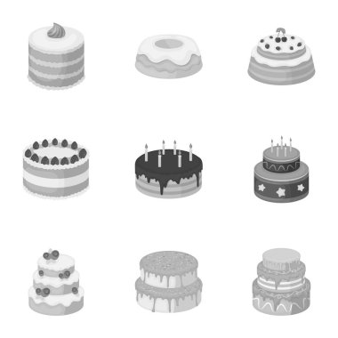 Kek için belgili tanımlık tatil. Bir dizi farklı tatlılar. Güzel dekore edilmiş Pastalar ve kekler. Tek renkli stil vektör simge stok çizim üzerinde küme koleksiyon simgesinde kek.