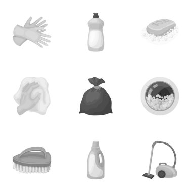 Temizleme, yıkama ve her şey onunla bağlantılı. Temizlik için simgeler kümesi. Tek renkli stil vektör simge stok çizim üzerinde küme koleksiyon temizlik ve hizmetçi simgesini.