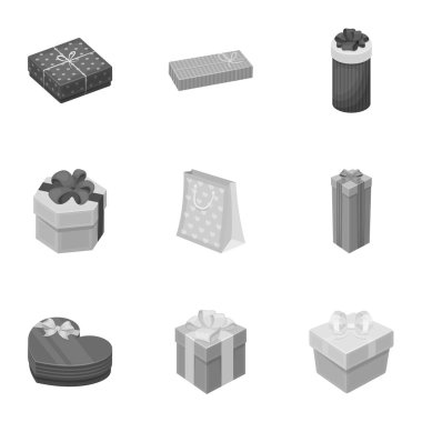 Bir dizi fotoğraf hediyeler. Farklı tatil, sürpriz hediyeler. Hediye paketleme. Hediyeler ve sertifika simge tek renkli Stil kümesi koleksiyonundaki sembol stok illüstrasyon vektör.